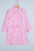 Pink Abstract Leopard Print Tie Waist Puff Sleeve Mini Shirt Dress