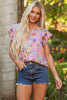 Pink Flutter Sleeve V Neck Floral Top