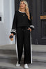 Chestnut Varsity Stripe Patchwork Puff Sleeve Pullover Drawstring Wide Leg Pant Set