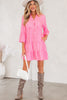 Pink Stripe Flare Sleeve Half Placket Tiered Flowy Mini Dress