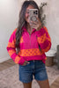 Brown Stripe Patchwork Polka Dot Accent Quarter Zip Long Sleeve Top