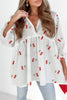 White Cherry Print Flounce Sleeve Collared Frilled Babydoll Blouse