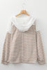 Khaki Stripe Buttoned V Neck Textured Hooded Plus Size Top