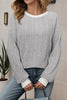 Gray Ribbed Contrast Cuffed Round Neck Long Sleeve T Shirt