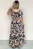 Blue Short Sleeve Smocked Detail High Waist Floral Maxi Dress