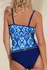 Navy Blue Abstract Print Frilled Trim Spaghetti Straps Tankini Set