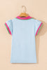 Beau Blue Color Contrast Ruffled Sleeve Collared V Neck Blouse