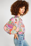 Multicolour Boho Floral Bubble Sleeve Tassel Tied Neck Pleated Blouse