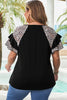 Black Leopard Ruffle Patchwork Sleeve Plus Size Summer Top