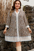 Khaki Plus Size Leopard Print Striped Trim V Neck Drop Waist Long Sleeve Mini Dress