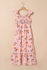 Pink Floral V Neck Smocked High Waist Ruffle Hem Long Dress