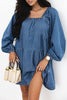 Dusk Blue Square Neck Side Pockets Loose Fit Denim Mini Dress