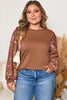 Brown Floral Sleeve Patchwork Round Neck Plus Blouse