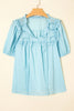 Mist Blue Embroidered Lace Patchwork Tie Neck Puff Short Sleeve Blouse