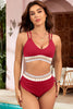 Racing Red Ribbed Knit Tribal Contrast Detail 2pcs High Waist Swimsuit