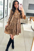 Khaki Leopard Print V Neck Ruffled Sleeve Tiered Loose Mini Dress