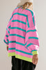Pink Stripe Colorblock Drop Shoulder Buttoned Loose Cardigan