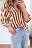 Brown Stripe V Neck Half Sleeve Casual Blouse