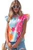 Multicolour Vibrant Flower Printed Tie V Neck Ruffle Trim Sleeveless Blouse