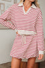 Red Stripe Cropped Collared Drop Shoulder Pullover and Bubble Mini Skirt Set