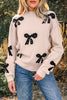 Racing Red Pearl Embellished Bow Pattern Loose Sweater