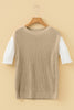 Light French Beige Round Neck Knit Contrast Short Sleeve Patchwork Sweater Top