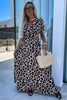 Khaki Leopard V Neck Cinched High Waist Open Back Maxi Dress