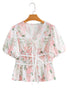 Pink Floral Puff Sleeve V Neck Tied Front Peplum Blouse