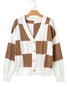 Khaki Checkered Pattern Ribbed Detail Button V Neck Sweater Cardigan