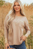 Dark Khaki Color Block Waffle Textured Tunic Henley Top with Slits