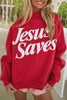 Fiery Red Jesus Saves Slogan Print Stand Neck Baggy Sweatshirt