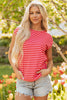 Red Stripe Ribbed Cap Sleeve Round Neck T Shirt