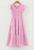 Pink Smocked Bodice Flutter Sleeve Fit Flare Tiered Midi Dress