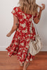 Red Floral Print Buttoned Front V Neck Tiered Short Sleeve Midi Dress