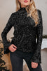 Black Sequin Mock Neck Drape Open Back Bell Sleeve Top