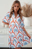 Orange Contrast Palm Tree Printed Short Sleeve Flowy Dress
