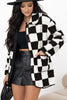 Black Checkered Side Pockets Collared Buttoned Fleece Jacket