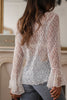 White Sheer Lace Bell Sleeve Mock Neck Blouse