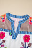 Pink Floral Striped Patchwork Short Sleeve Split Neck Blouse
