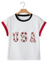 White USA Sequin Color Block Trim Loose T Shirt