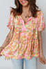 Orange Split V Neck Short Sleeve Flower Blouse