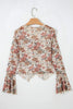 Red Floral Print Stitched Detail Tie V Neck Long Bell Sleeve Blouse