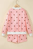 Brown Polka Dot Ribbed Trim Long Sleeve Top Casual Short Set
