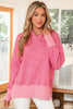 Rose Stripe Thumbhole Side Slits Drop Shoulder Loose Fit Hoodie