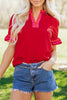 Fiery Red Striped Frilled Collar Ruffled Short Sleeve Blouse