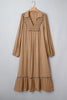 Chestnut Smocked V Neckline Leopard Piping Accent Bracelet Plus Size Long Dress