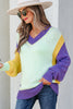 Green Stitched V Neck Color Block Knitted Drop Shoulder Sweater