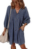 Sail Blue 3/4 Sleeve Tied V Neck Pleated Denim Mini Dress