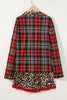 Racing Red Retro Plaid Leopard Print Patchwork Long Sleeve Shorts Pajama Set