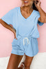 Myosotis V Neck Drop Shoulder Tee and Patchwork Drawstring Shorts Set